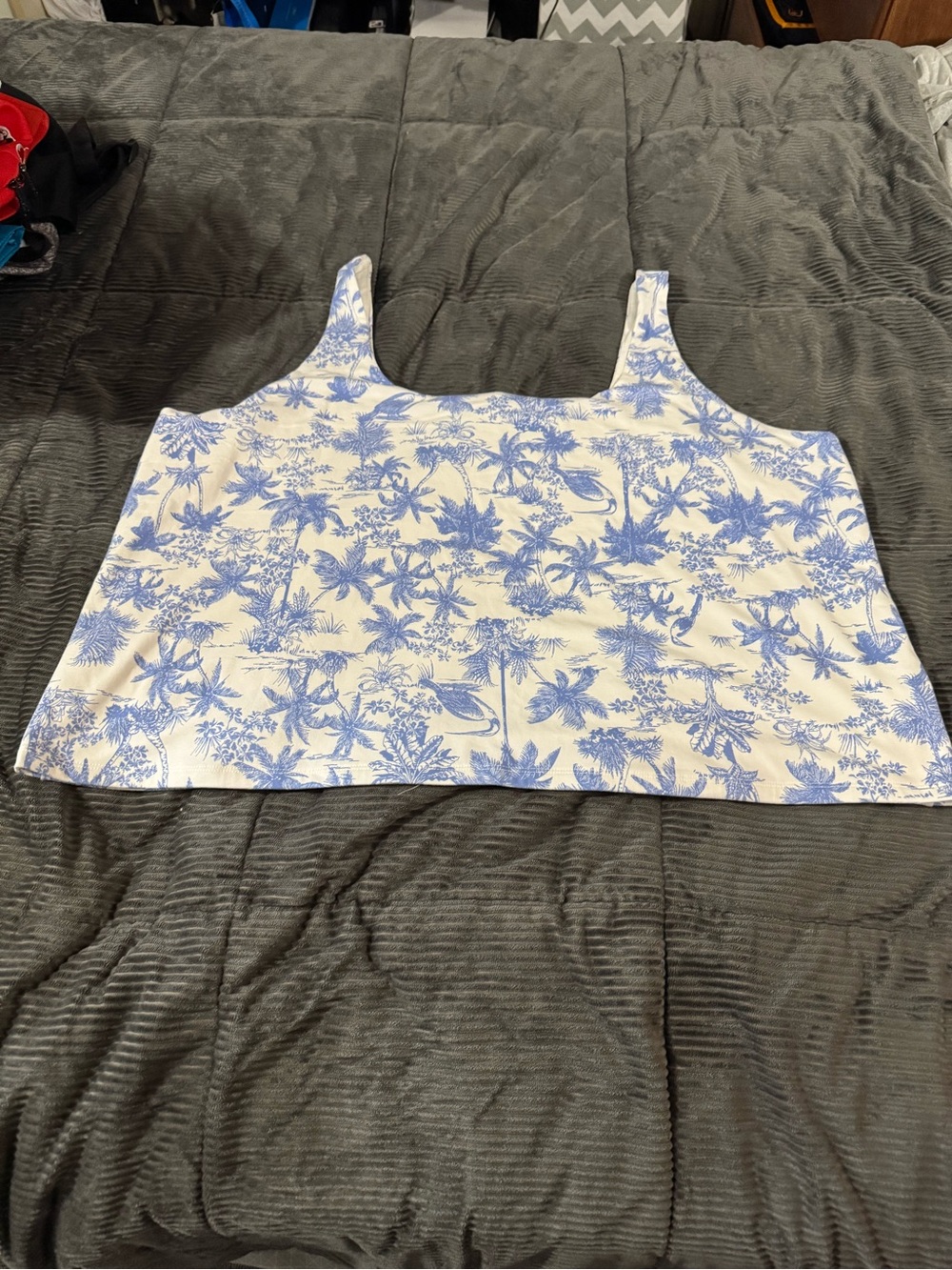 a new day White Crop Tank with Blue Tropical Print